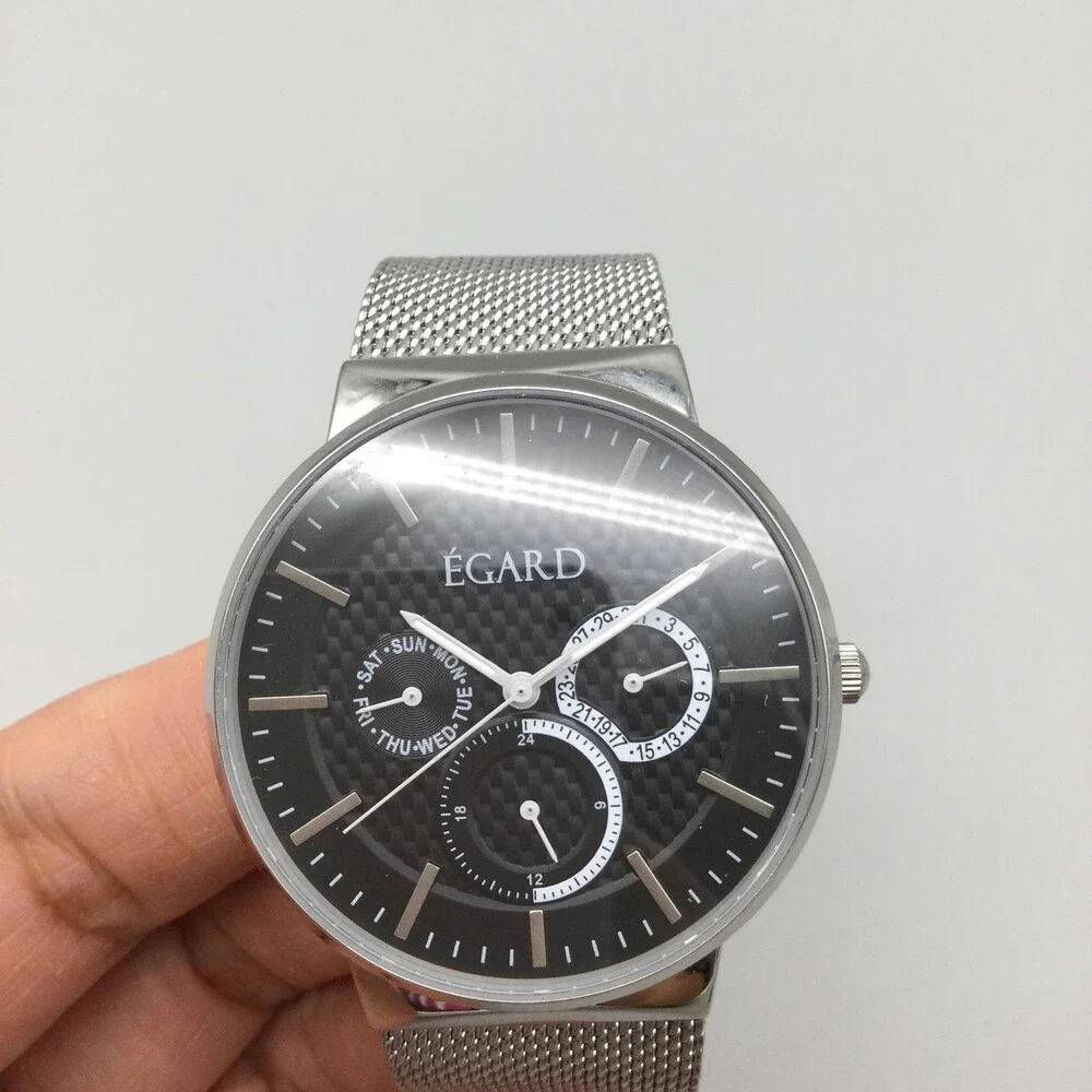Egard Mens Watch 40mm Black Dial Silver Tone Stainless Band Day Date New Battery